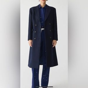 J Crew Navy Double-breasted long coat Italian melton wool blend 2P like new